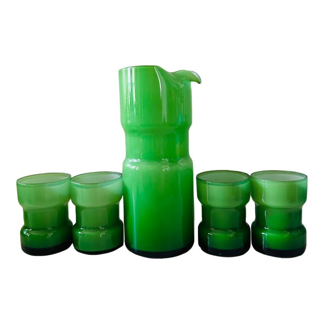 1960s Vintage Holmegaard Sweden Green Cased Glass Cocktail Pitcher with 4 Glasses- 5 Pieces For Sale