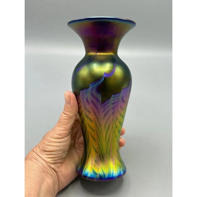 Lundberg Studios Lundberg Studios Abstract Art Glass Midnight Petite Vase 2004 Signed Certificate For Sale - Image 4 of 8