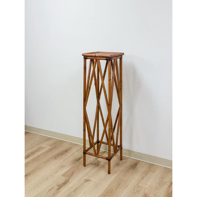 Coastal Boho Tall Bamboo Plant Stand Warm Finish Pedestal Display For Sale - Image 4 of 9
