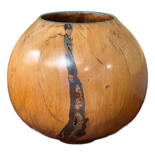 Marc Wroe Turned and Turquoise Inlaid Wood Vessel For Sale