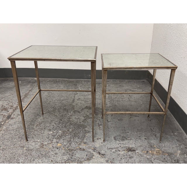 Metal Restoration Hardware Antiqued Mirrored Nesting Tables, Set of Two For Sale - Image 7 of 12