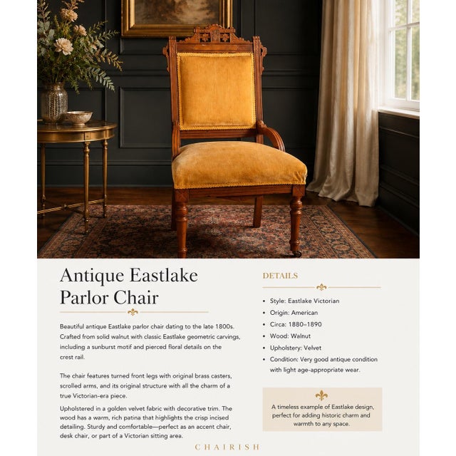 Antique Eastlake Walnut Parlor Chair, Circa 1880s Victorian With Brass Casters For Sale - Image 4 of 12