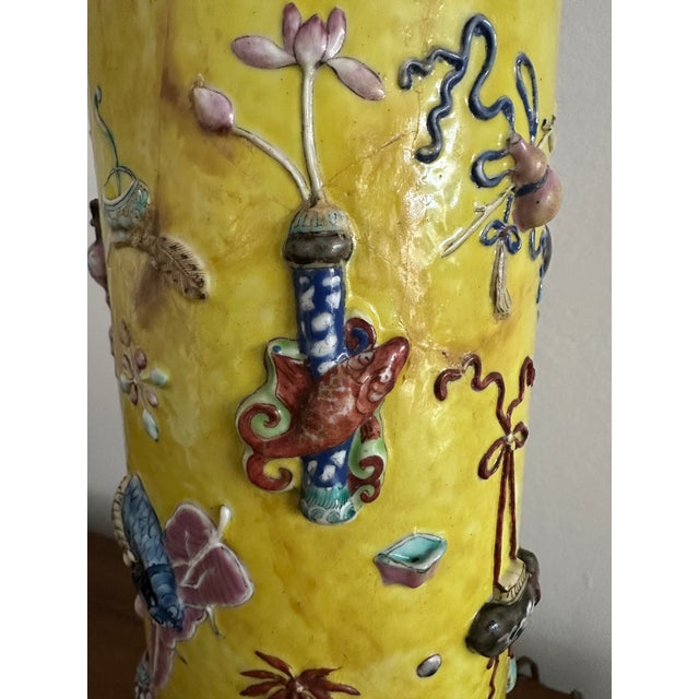 Yellow Antique Chinese Famille Rose Yellow Lamp Relief Decorated Vase For Sale - Image 8 of 18