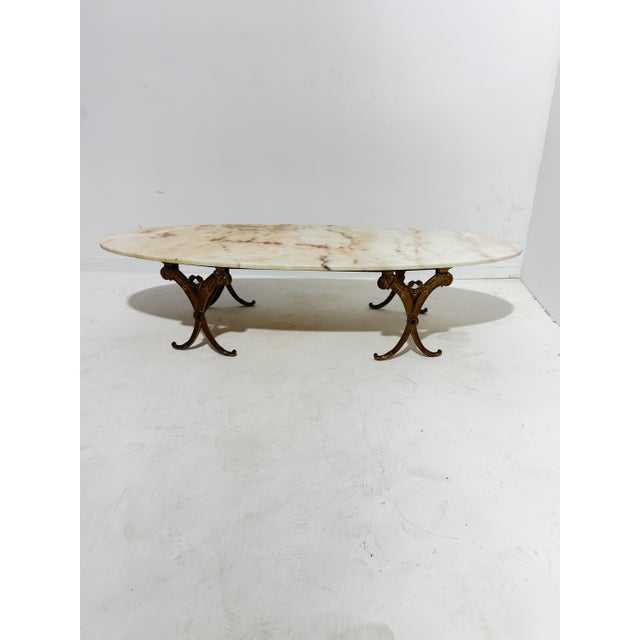 Beige Oval Marble and Brass Coffee Table, Italy, 1940s For Sale - Image 8 of 8