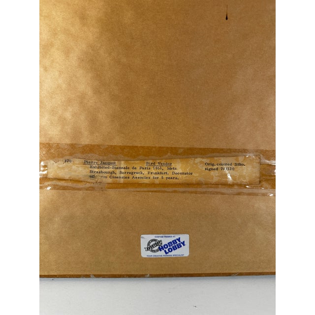 1960s "Bird Vendor" Signed Lithograph by Pierre Jacquot 70/120, Framed For Sale - Image 4 of 5