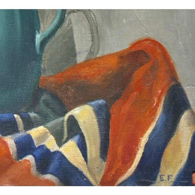 This wonderful original oil on canvas still life features a Blue pitcher filled with cherry blossom branches sitting on a...