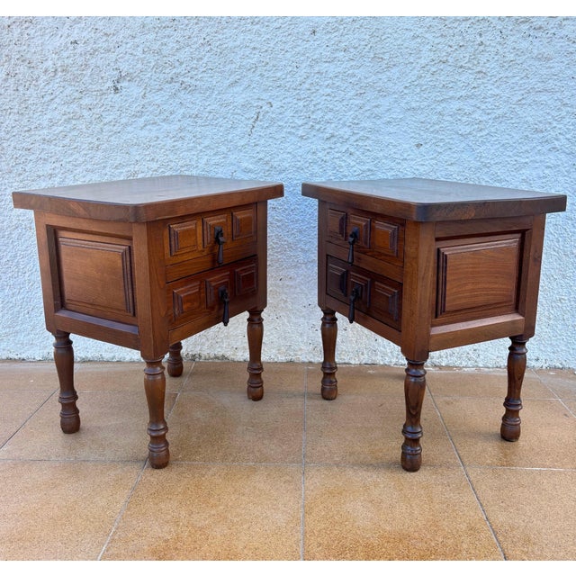 Pair of Spanish Rustic Solid Wood Bedside Tables, Mid-20th Century For Sale - Image 10 of 12
