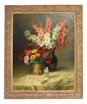 Julien Stappers, Irises and Gerberas, Oil Painting, Framed