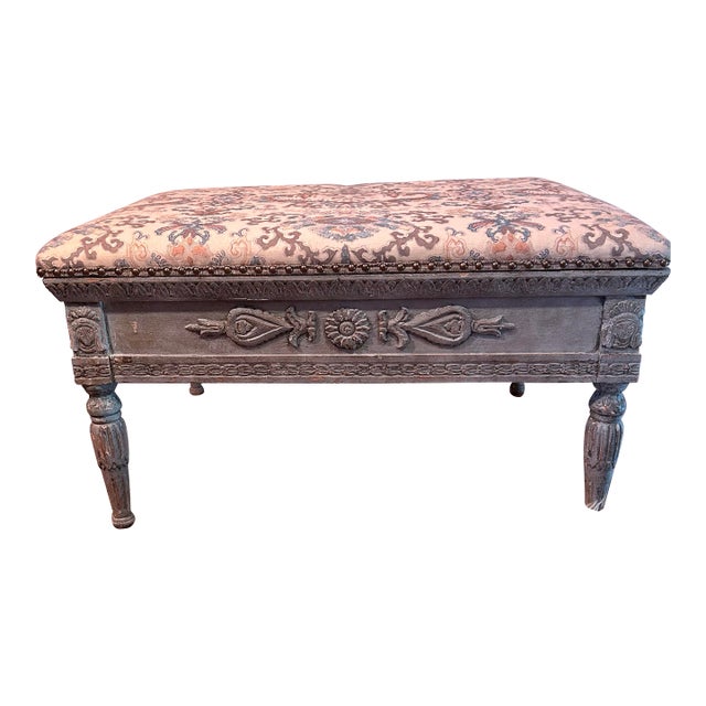 Mid 20th Century Carved Painted Storage Bench / Chest From John Rosselli Antiques – Upholstered in Robert Kime Fabric For Sale