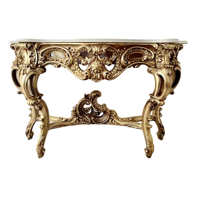 French Louis XV Style Vintage Giltwood Rococo Carved Console Table. For Sale