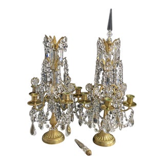 19th Century Baccarat Attributed French Louis XVI-Style Cut Crystal Gilt Bronze 5-Light Girandoles- a Pair For Sale