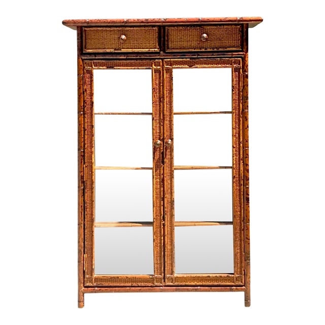 Vintage Tortoise Bamboo and Glass Cabinet For Sale