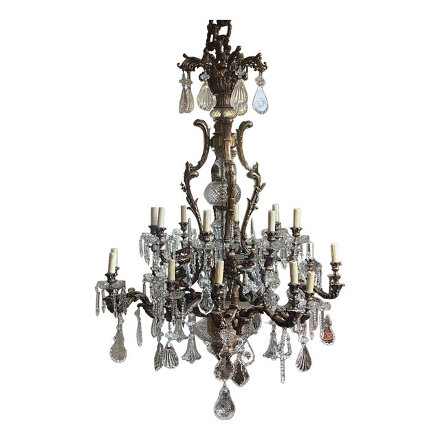 Monumental 19th Century French Solid Bronze Chandelier With Baccarat Glass For Sale