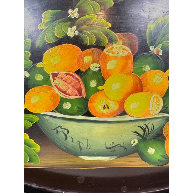 Black Vintage Hand-Painted Black Lacquer Oval Tole Serving Tray With Citrus Fruit For Sale - Image 8 of 11