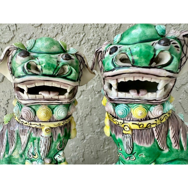 Ceramic Vintage Chinese Famille Verte Sancai Glazed Porcelain Foo Dogs/Guardian Lions- A Pair For Sale - Image 7 of 10