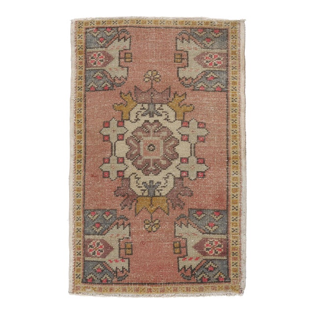 Vintage Turkish Wool Door Mat – Medallion & Mustard Floral Border - 1' 10'' X 3' 5'' For Sale