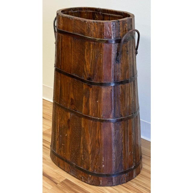 Antique Large Wood Bucket Umbrella Stand With Metal Fittings For Sale - Image 4 of 10
