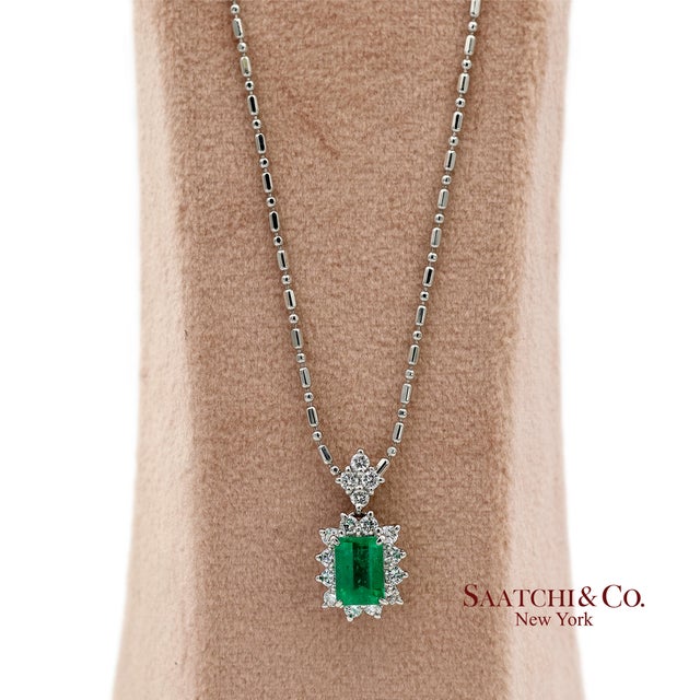 Metal Gia Certified Platinum 900 Emerald & Diamond Pendant With Platinum 850 Chain For Sale - Image 7 of 13