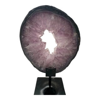 15th Century & Earlier Slice of Natural Amethyst Geode From Brazil on a Custom Black Metal Stand For Sale