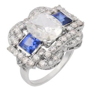 1960s Mid Century Gia 2.08 Carat Old Mine Cut Diamond Sapphire Platinum Cocktail Ring, Size 6.75 For Sale