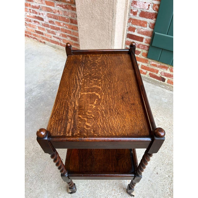 Wood Antique English Barley Twist Tea Trolley Bar Cart Table Tiger Oak Dumbwaiter For Sale - Image 7 of 18