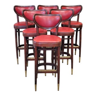 Vintage Art Deco Era Bentwood Barstools With Original Ruby Red Upholstery and Brass Accents - Set of 6 For Sale