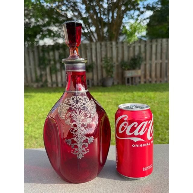 1930s Bohemian 10" Ruby Red Decanter Victorian Sterling Silver Overlay For Sale - Image 11 of 11