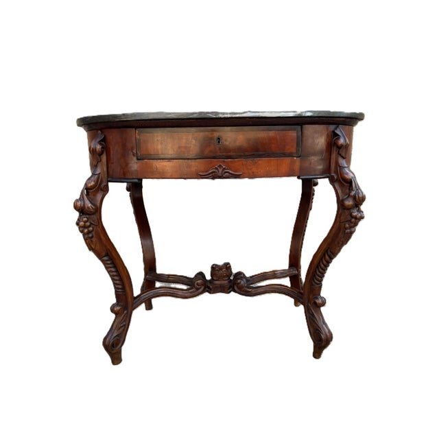 Oval Wooden Table with Marble Top and Drawer, 1890s For Sale - Image 3 of 10