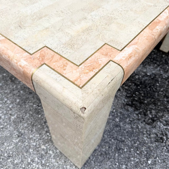 Postmodern Postmodern Beige and Pink Tessellated Stone Square Coffee Table With Brass Inlay For Sale - Image 3 of 8