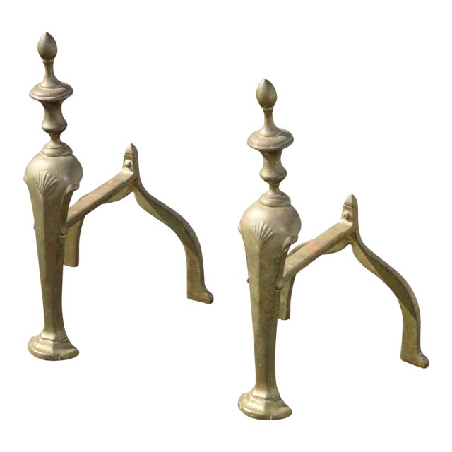 Vintage French Country Brass Fireplace Andirons For Sale