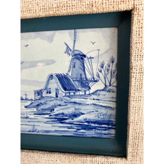 Mid-Century Dutch Delft Blue Hand-Painted Windmill Tile in Linen Frame For Sale In Chicago - Image 6 of 10