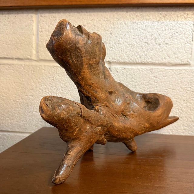 This organic Mid-Century Modern root wood sculpture is a great accent piece. The sculpture is an abstract animal-like form...