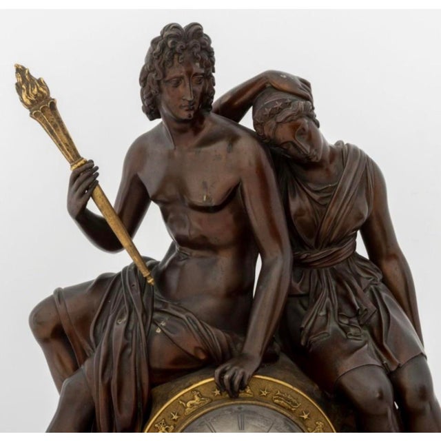 Traditional French Empire Patinated & Gilt Bronze Apollo & Diana Figural Mantel Clock, Verde Antico Marble, C. 1830 For Sale - Image 3 of 10