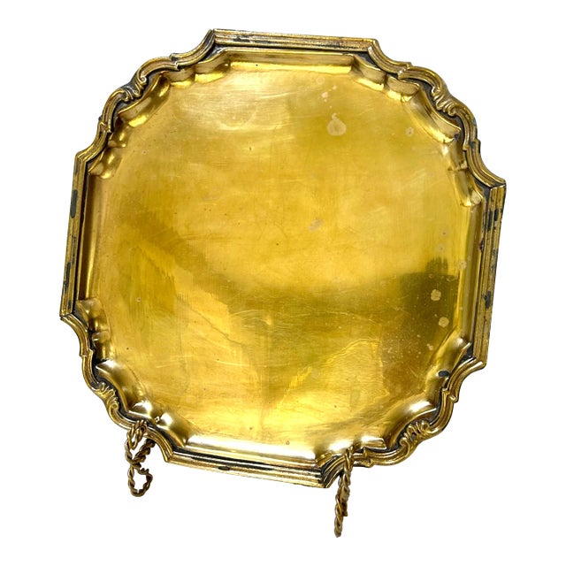 Vintage Square Brass Tray With Scalloped Corners – Hollywood Regency Brass Tray For Sale