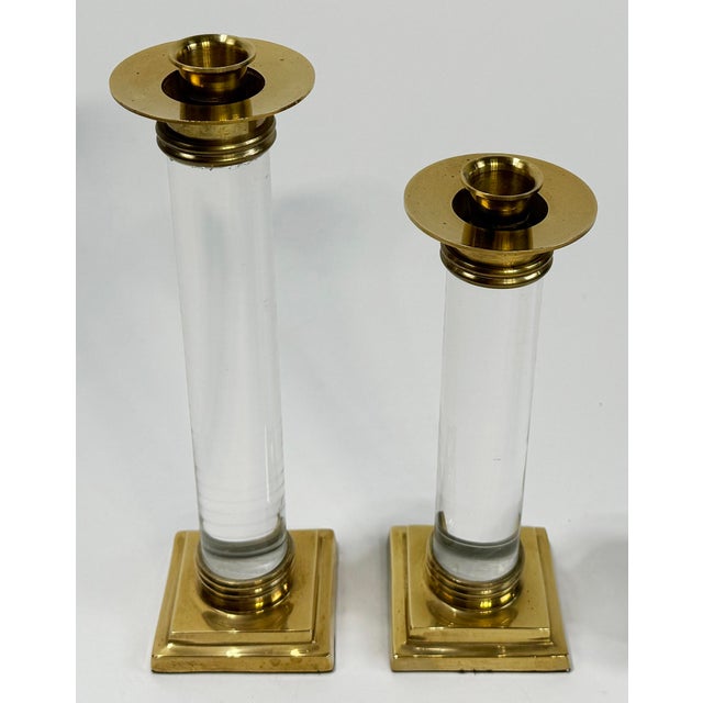 Hollywood Regency Vintage Hollywood Regency Style Brass and Lucite Candlestick Holders, Pair For Sale - Image 3 of 6