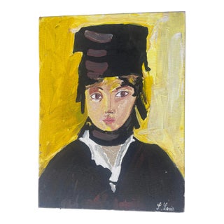 Contemporary Expressionist Painting of a Young Girl in a Black Hat Signed S Louis For Sale