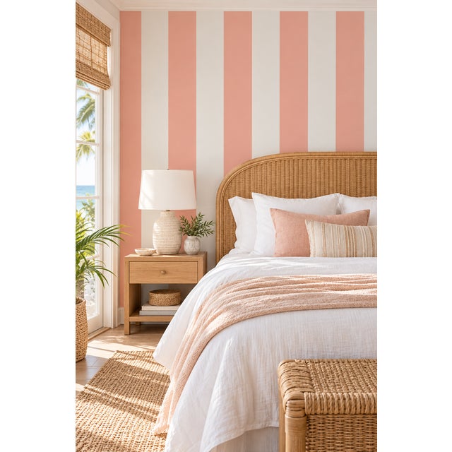 Modern Clubhouse Stripe Grasscloth Wallpaper by House Party | Sunrise Peach & White | 6 Yards For Sale - Image 3 of 8