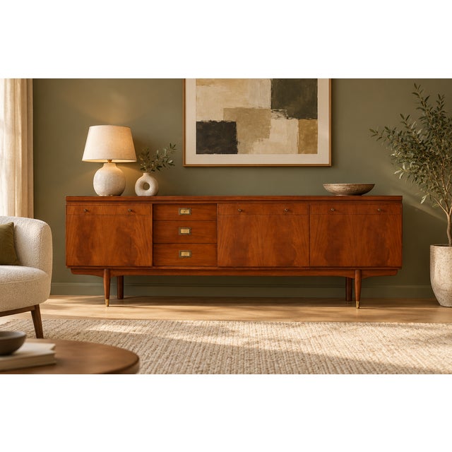 A striking 1960s walnut sideboard by British maker Greaves & Thomas. Featuring a long, low-profile design with beautifully...