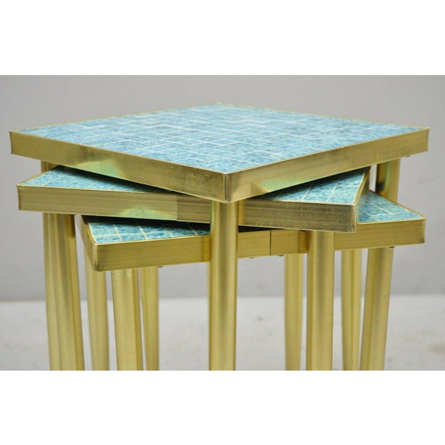 Vintage Mid Century Italian Modern Brass Blue Mosaic Tile Top Side