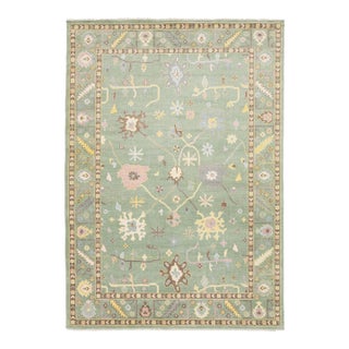 Modern Sage Green Oushak Style Wool Area Rug With Pastel Geometric Floral Accent For Sale