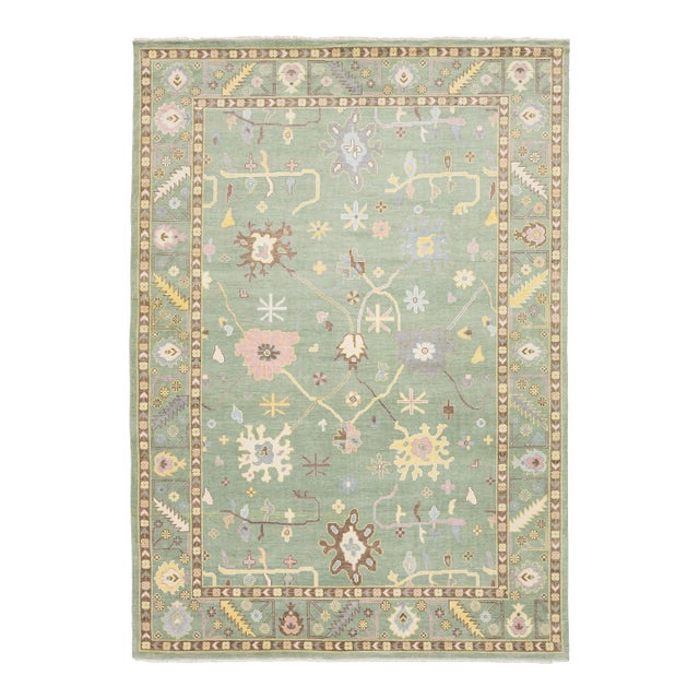 Modern Sage Green Oushak Style Wool Area Rug With Pastel Geometric Floral Accent For Sale