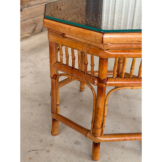 Vintage Octagonal Bamboo and Cane Side Table With Glass Top For Sale - Image 10 of 12