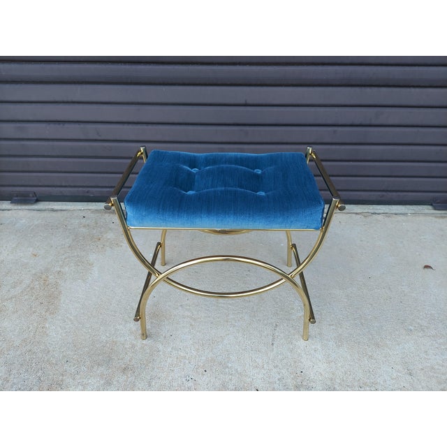Vintage Mid Century Blue Tufted/ Gold Metal Frame Vanity Bench By Kock Original Style - 1970'S - Welded Frame - In...