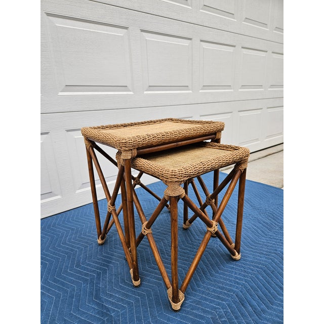 Bamboo Rope and Grass Mat Nesting Tables For Sale - Image 4 of 15