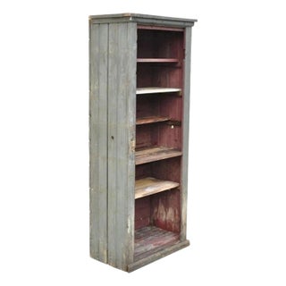 Antique American Primitive Blue Green Distress Painted Bookcase Cupboard Cabinet For Sale