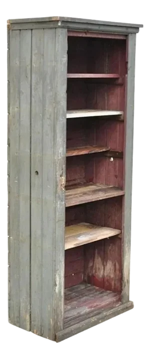 Antique American Primitive Blue Green Distress Painted Bookcase Cupboard Cabinet