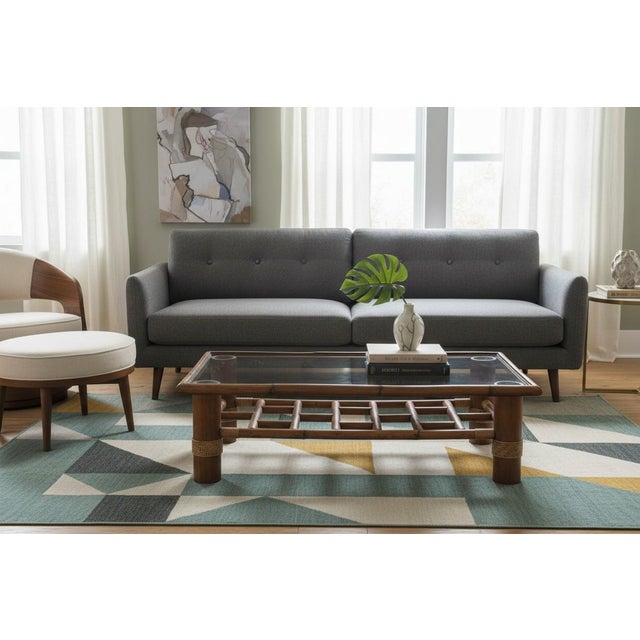 Vintage Coastal Bamboo Coffee Table W/ Glass Top & Rattan Wrapped Details For Sale - Image 12 of 12