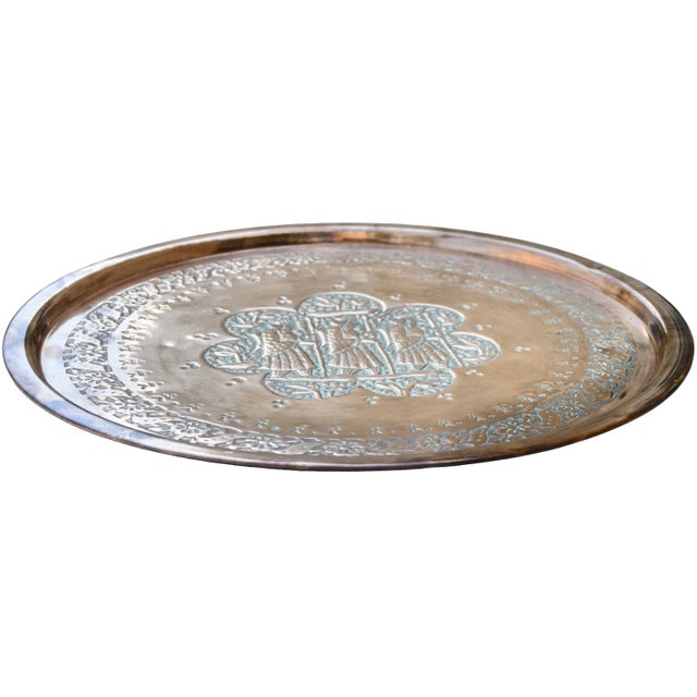 English Early 20th Century Handmade Persian Copper Tray With Babylonian-Scene For Sale - Image 3 of 7