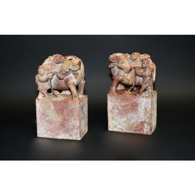 Pair Large Antique Stone Statues Bookends Boy and Buffalo For Sale In Los Angeles - Image 6 of 12