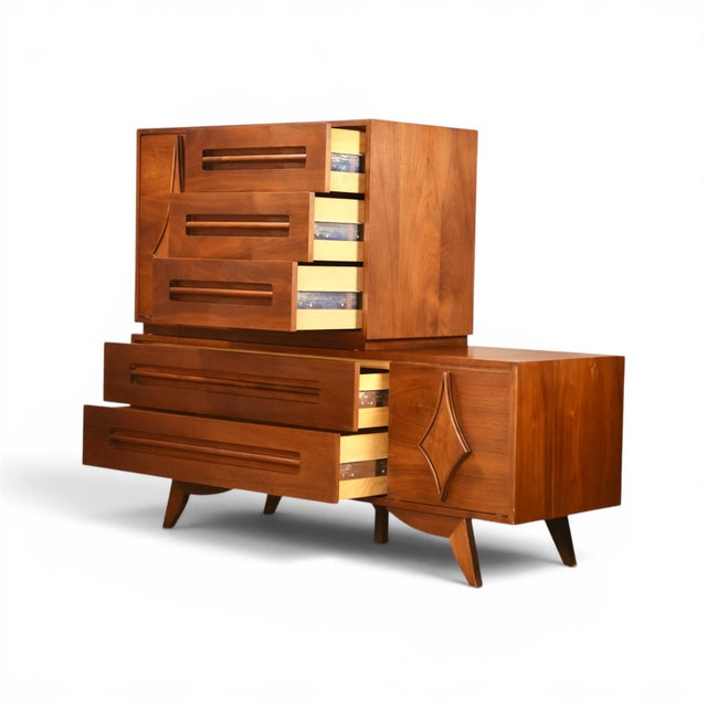 Specialty Woodcraft Sculpted Diamond Vintage Mid Century Modern Stacking Highboy Dresser C. 1960s, Attributed For Sale - Image 13 of 15